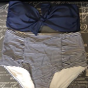 High waisted striped bottoms with bandeau navy top
